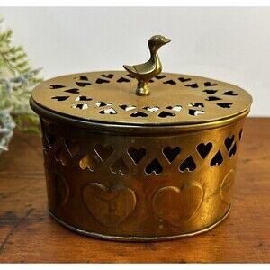Vintage Brass Box W/Lid Heart Cutouts For Potpourri Incense Trinkets
